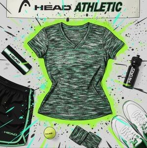 Head XS Athletic Top — Green Streak Pattern, V-Neck, Moisture-Wicking